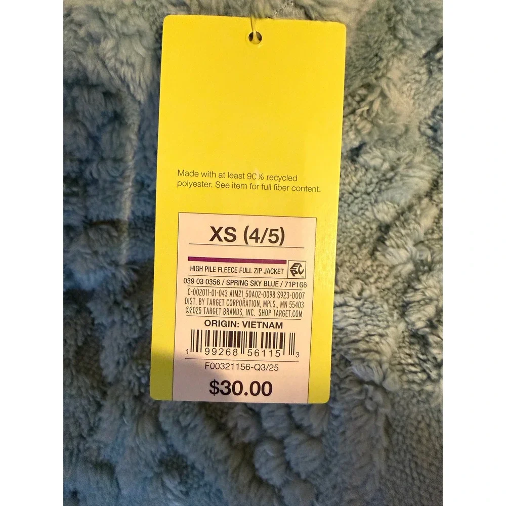 All in Motion Girls High Pile Fleece Full Zip Jacket Spring Sky Blue XS 4/5 NWT